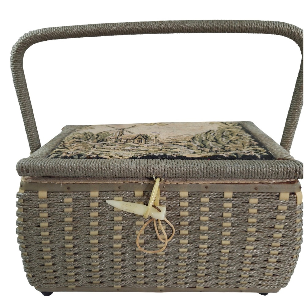 Unbranded Vintage Sewing Basket Wicker Tapestry Windmill Gray Fair Toggle Handle
